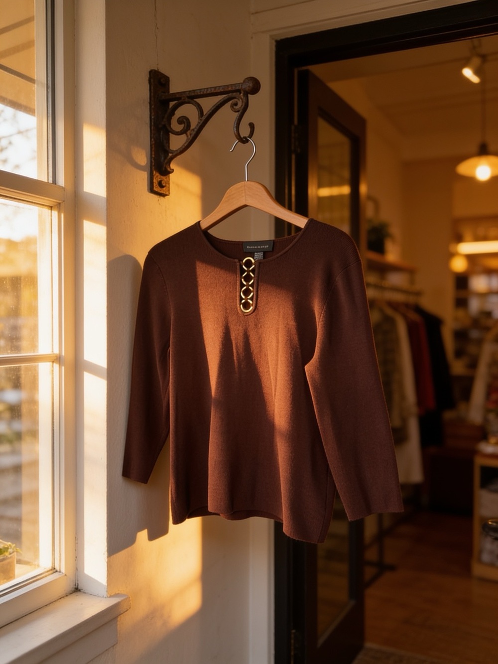 Women's Chocolate 3/4 Quarter Sleeve Top with Decorative Grommet Detail Sz L